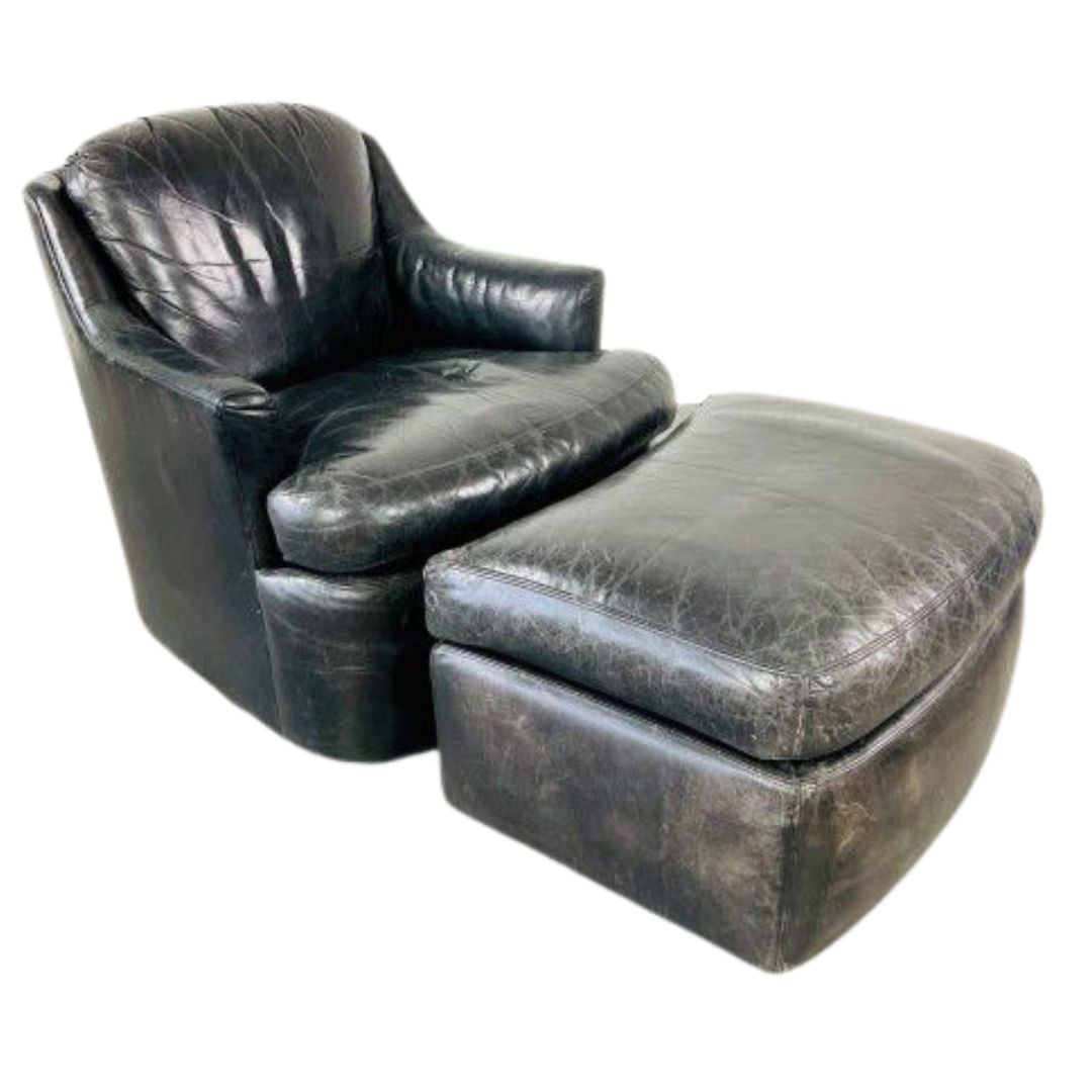 MID CENTURY CHAIR AND OTTOMAN SET - LEATHER