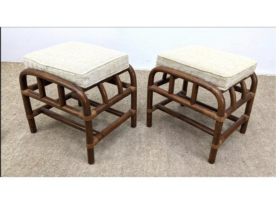 Pair Mid Century Rattan Bench Stools